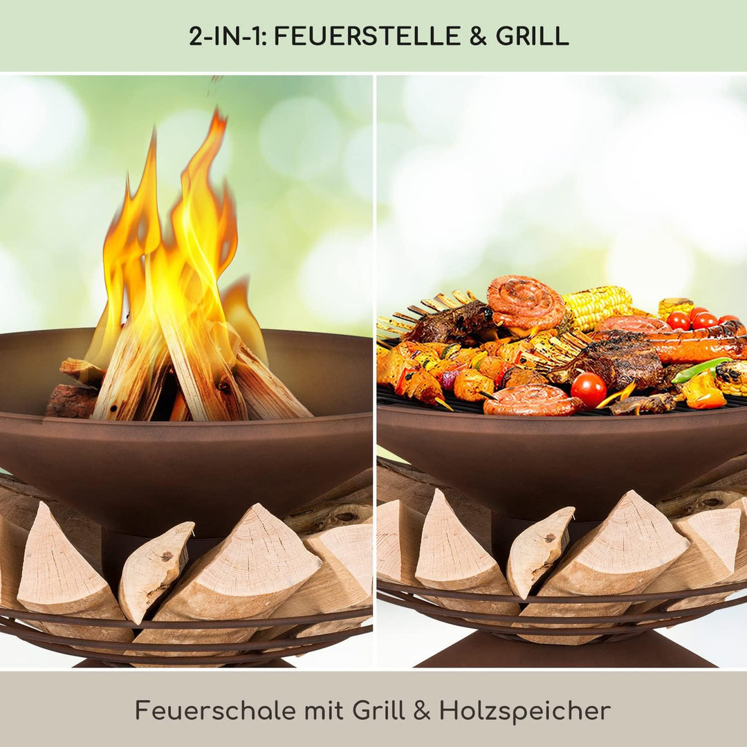 Blumfeldt Feuerschale, Wetterfeste Feuerschale mit Grillrost & Funkenschutz, Stahl-Feuerschalen Klei