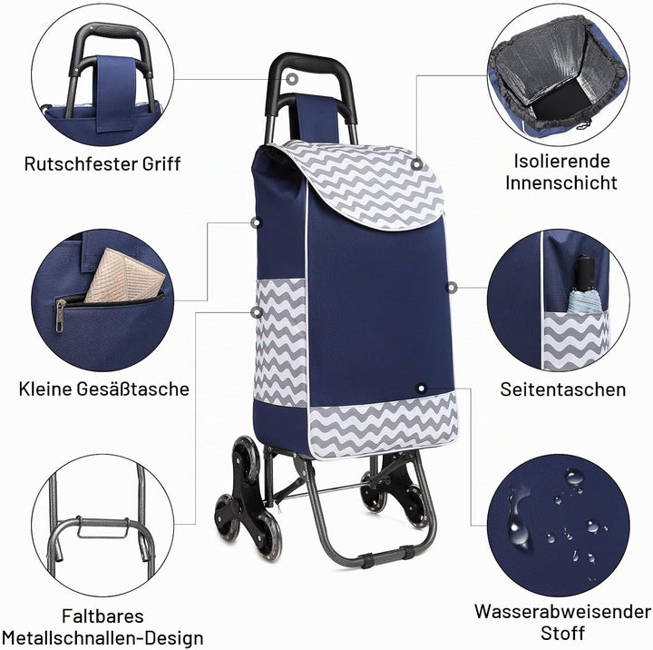 Kono Einkaufstrolley Klappbar Einkaufswagen Stabiler 2 in 1 Multifunktional Treppensteigwagen mit 3