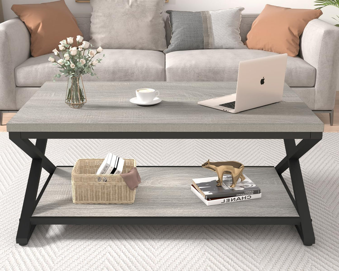 HSH Grau Couchtisch mit Ablage, industrieller Metall-Holz-Wohnzimmertisch, Bauernhaus, 120 cm minima