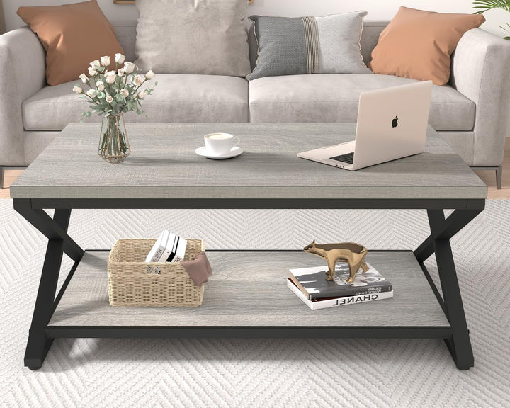 HSH Grau Couchtisch mit Ablage, industrieller Metall-Holz-Wohnzimmertisch, Bauernhaus, 120 cm minima