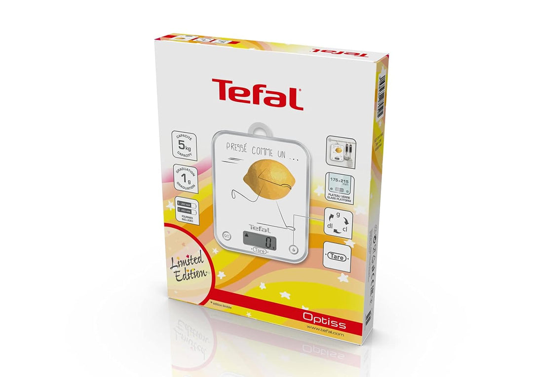 Tefal OPTISS Decor BC5135V0 Küchenwaage, gepresst wie eine Zitrone, Skala von 5 kg/1 g, Flüssig-Tare