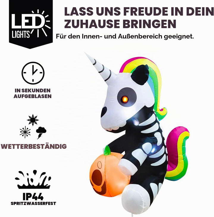 Joiedomi Aufblasbares Halloween-Skelett-Einhorn, 152 cm, aufblasbar, mit eingebauten LEDs, aufblasba