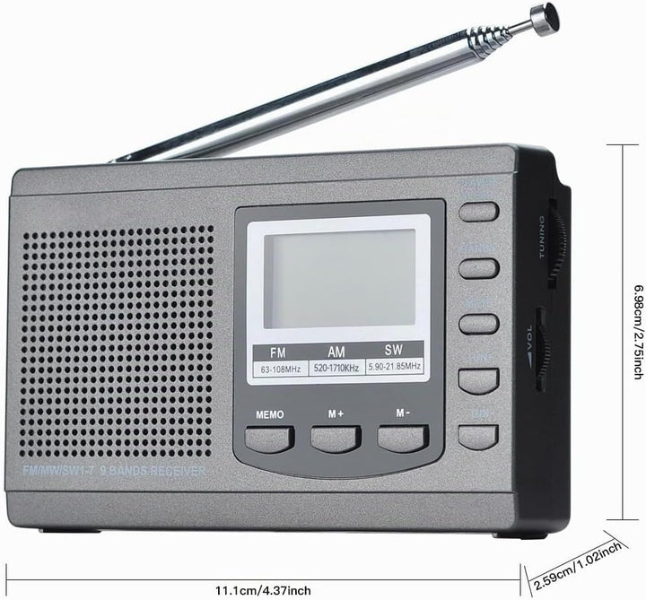 COVVY AM/FM / SW1-7 Tragbarer 9-Band-Radioempfänger mit Lautsprechern und Kopfhörern, ausgezeichnete