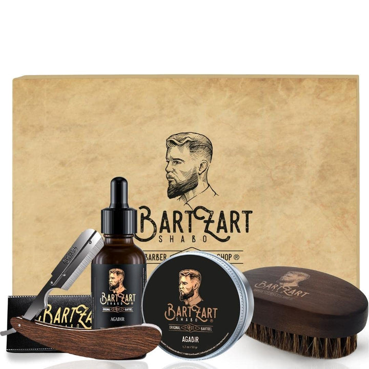 BartZart Shabo Bartpflege Set 5 tlg. I Set aus Rasiermesser mit Wechselklingen I Bartöl I Bartwachs