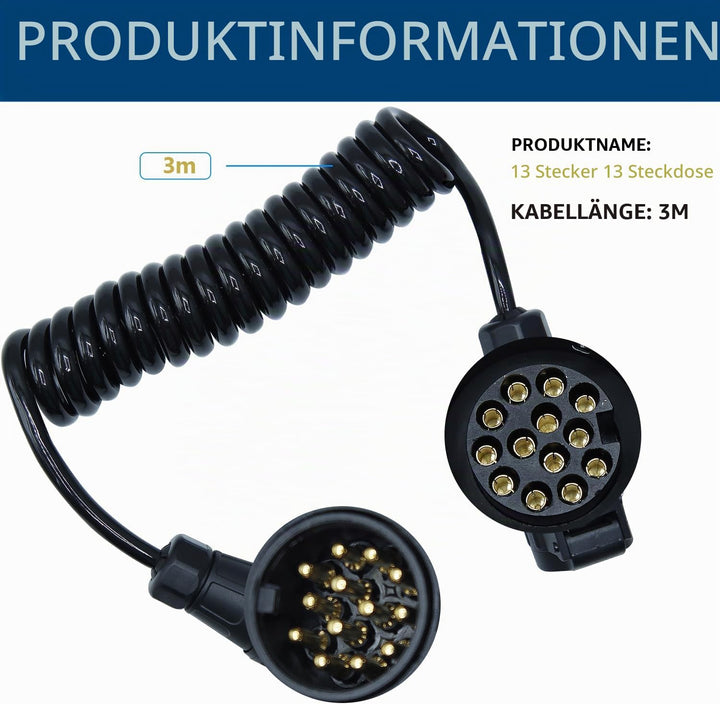 CCLIFE 3.0m 13-polig auf 13 Polig Adapter Stecker Verbindung Verlängerungskabel Spiralkabel Anhänger