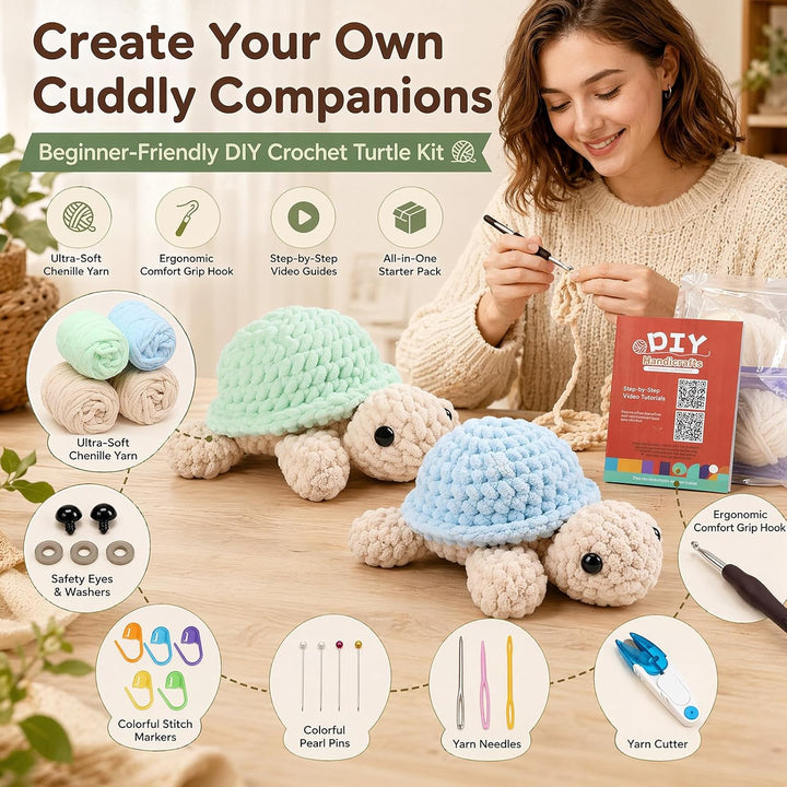 LUBEWISE 2 Stück Häkelset Für Anfänger, Schildkröte Crochet Set, Tiere Häkeln Set, Komplett DIY Häke