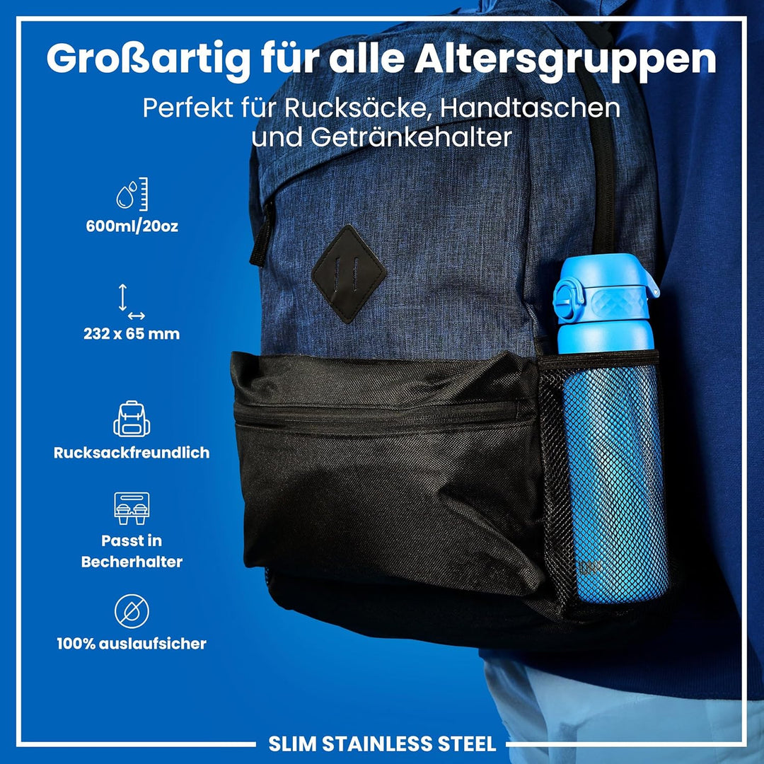 Ion8 Stahl-Trinkflasche, 600 ml, Auslaufsicher, Einhandöffnung, Sichere Verriegelung, Spülmaschinenf