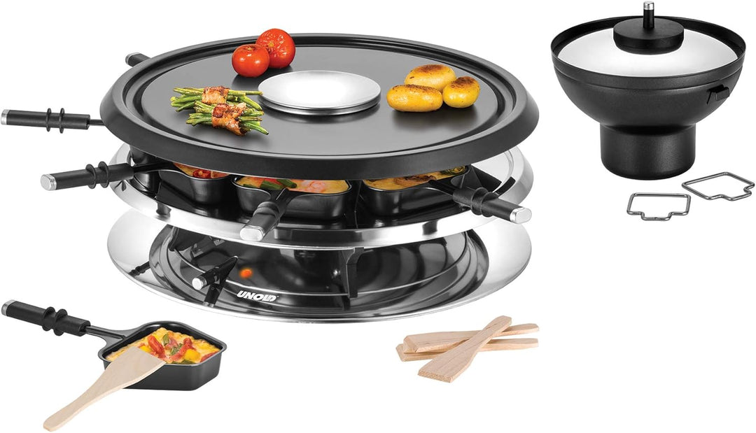 Unold 48726 Raclette Multi 4 in 1-1300 Watt, Für bis zu 8 Personen, Antihaftbeschichtung, Raclette,