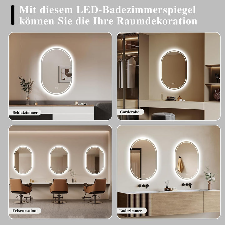 Badspiegel mit Beleuchtung 50x70cm: LED-Badezimmerspiegel Oval Badezimmer Spiegel mit Beschlagfrei,