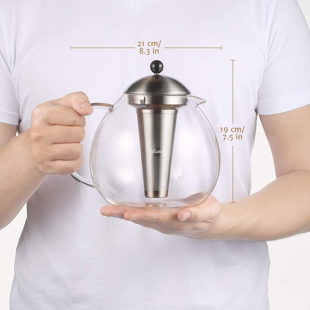 glastal Glas Silberne Teekanne 2000ml mit 18/8 Edelstahl Teesieb Borosilicate Glas Teebereiter auf S