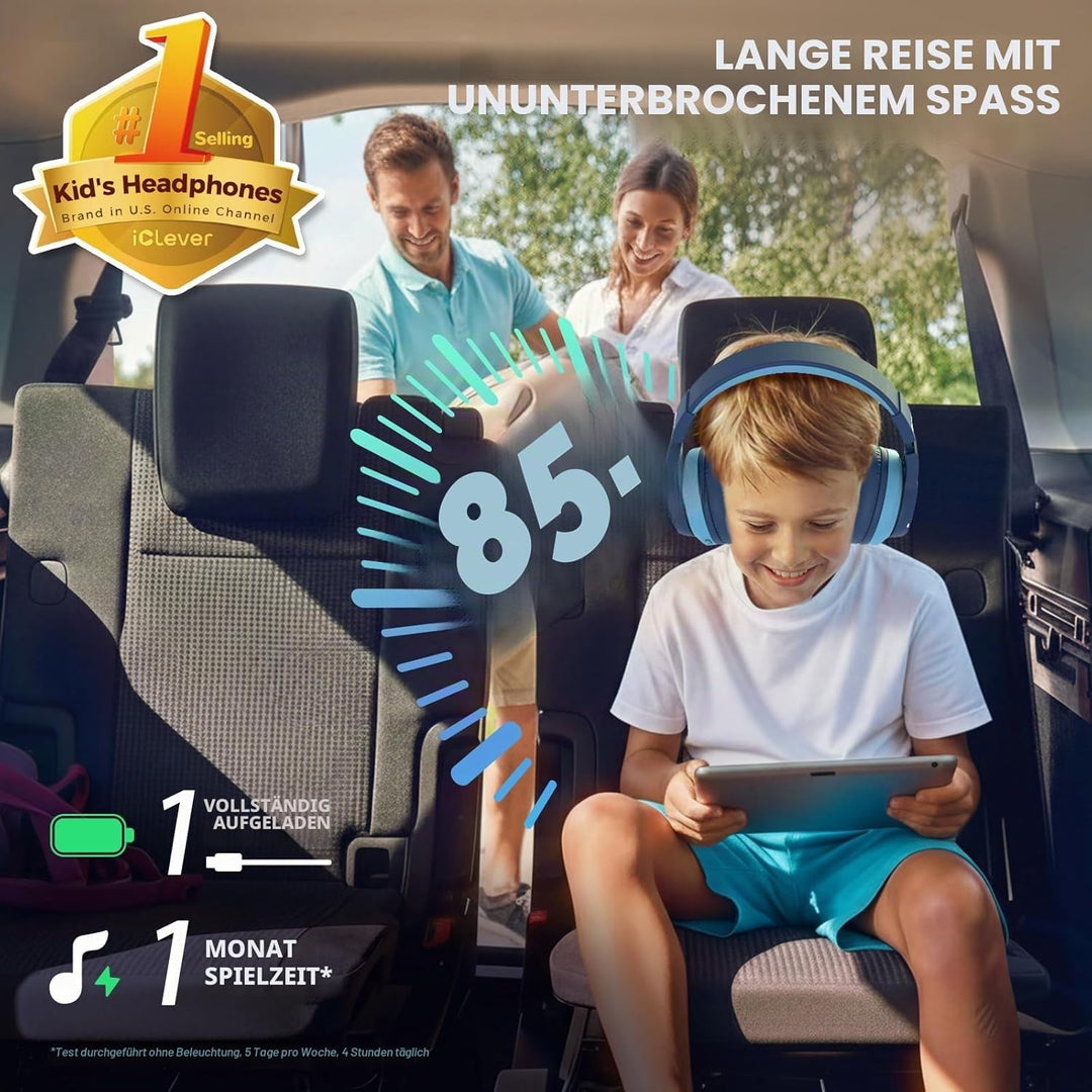 iClever Bluetooth Kinder Kopfhörer, Farbige LED-Leuchten, Kinderkopfhörer Over-Ear mit 74/85/94dB La