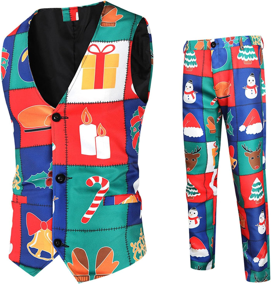 Duohropke Herren Weihnachtsanzug 2Teilig Weihnachtsweste Slim Fit Button Verschiedene Weihnachtsmoti