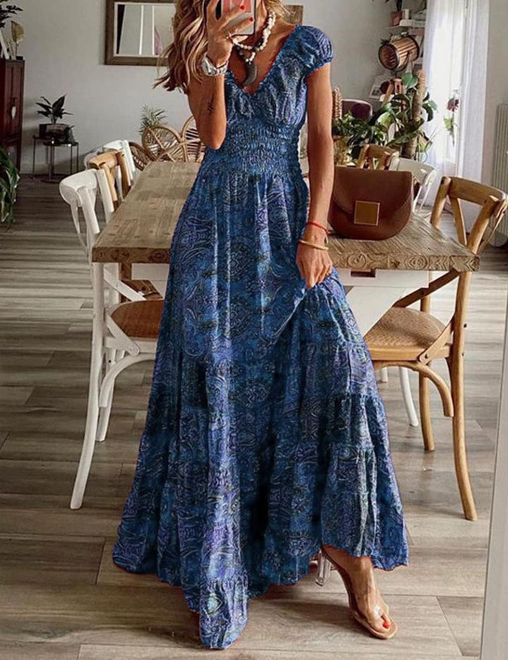 ABYOVRT Sommer Kleider Damen Sommerkleid Boho Lang Kleider Böhmisch Blumen Strandkleid V-Ausschnitt