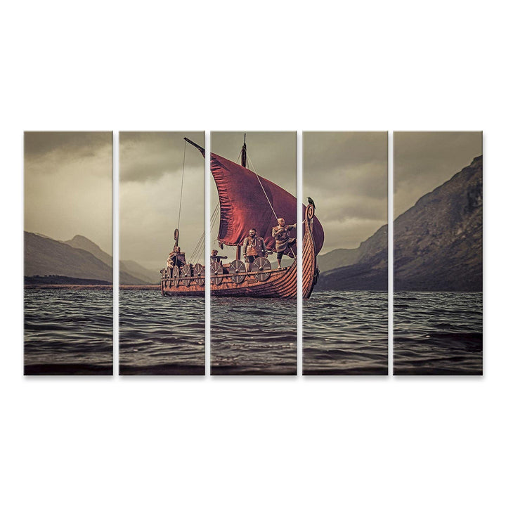 islandburner Bild auf Leinwand Gruppe Wikingern Auf Dem Meer Drakkar Berge Bilder Wandbilder Poster