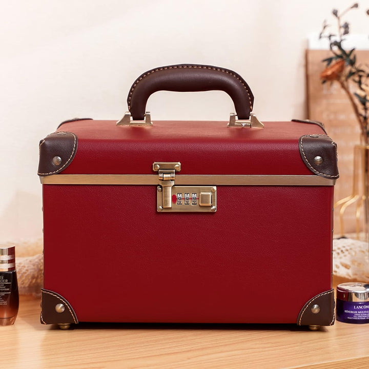 urecity Vintage Leder Kosmetikkoffer mit Spiegel - Hartschale Schminkkoffer für Damen, Reise Make-up