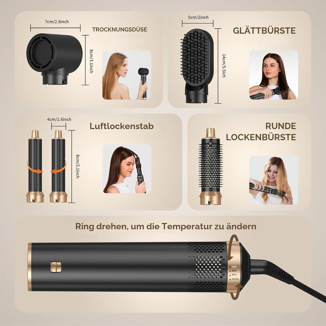 Hairstyler 5 in 1 Airbrush Haarstyler | Pro Air Styler Set - 1000W Rundbürstenföhn, Air Curler, Warm