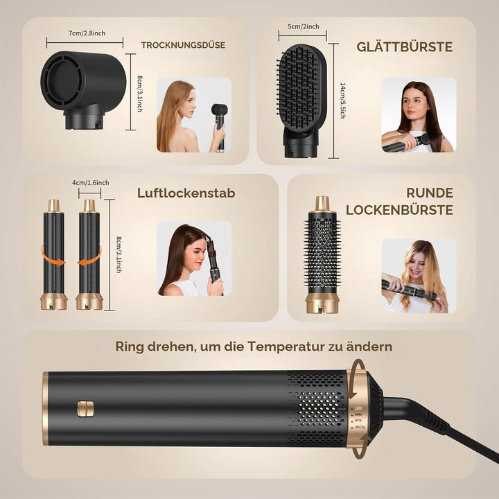 Hairstyler 5 in 1 Airbrush Haarstyler | Pro Air Styler Set - 1000W Rundbürstenföhn, Air Curler, Warm