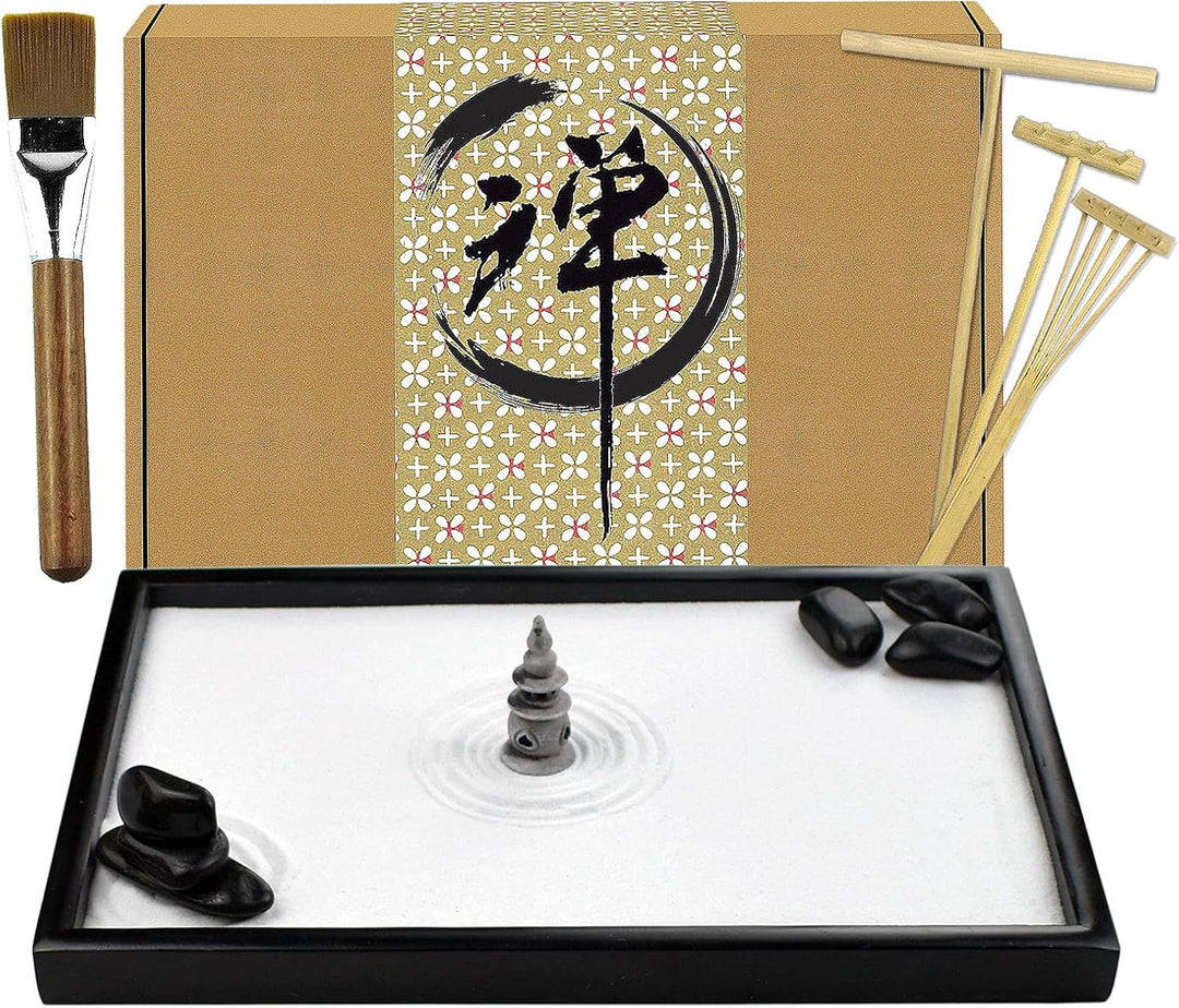 Artcome Japanese Zen Sand Garden for Desk with Rake, Stand, Rocks and Mini Furnishing Articles - Off