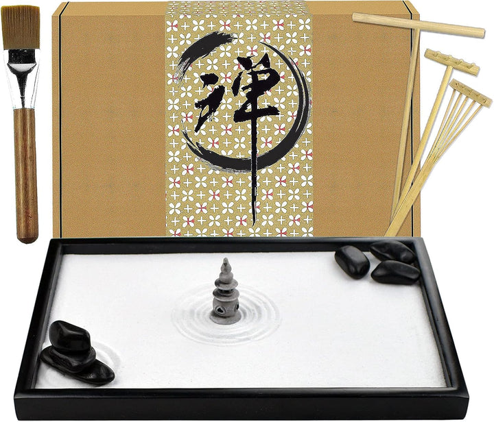 Artcome Japanese Zen Sand Garden for Desk with Rake, Stand, Rocks and Mini Furnishing Articles - Off