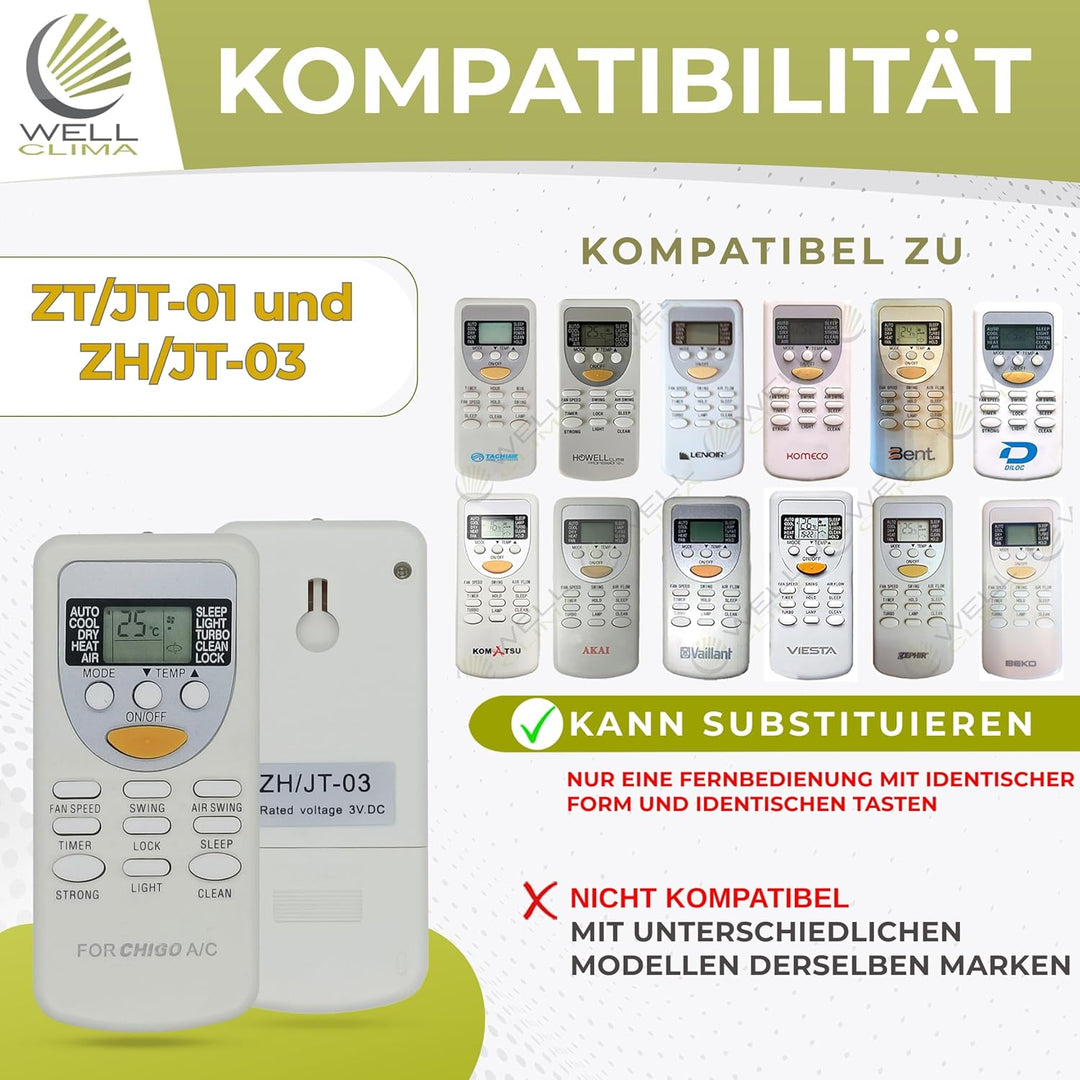 Wellclima® Ersatzfernbedienung für ZH/JT-01 und ZH/JT-03 – Nur kompatibel mit identischen Modellen v
