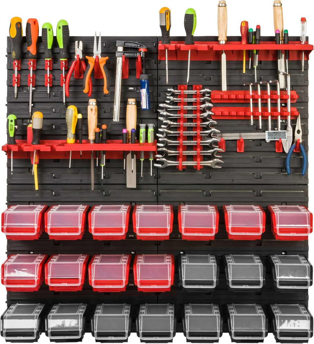 Lagersystem Werkstattregal | 78 x 78 cm | 21 stck. Box | Wandregal mit Werkzeughalterungen und Stape