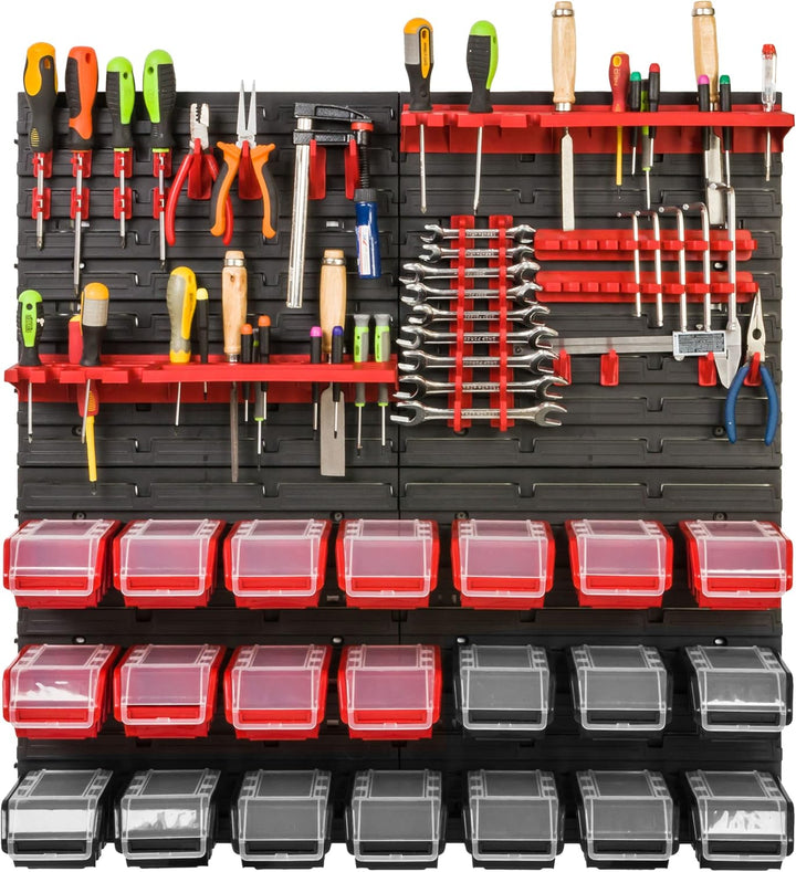 Lagersystem Werkstattregal | 78 x 78 cm | 21 stck. Box | Wandregal mit Werkzeughalterungen und Stape