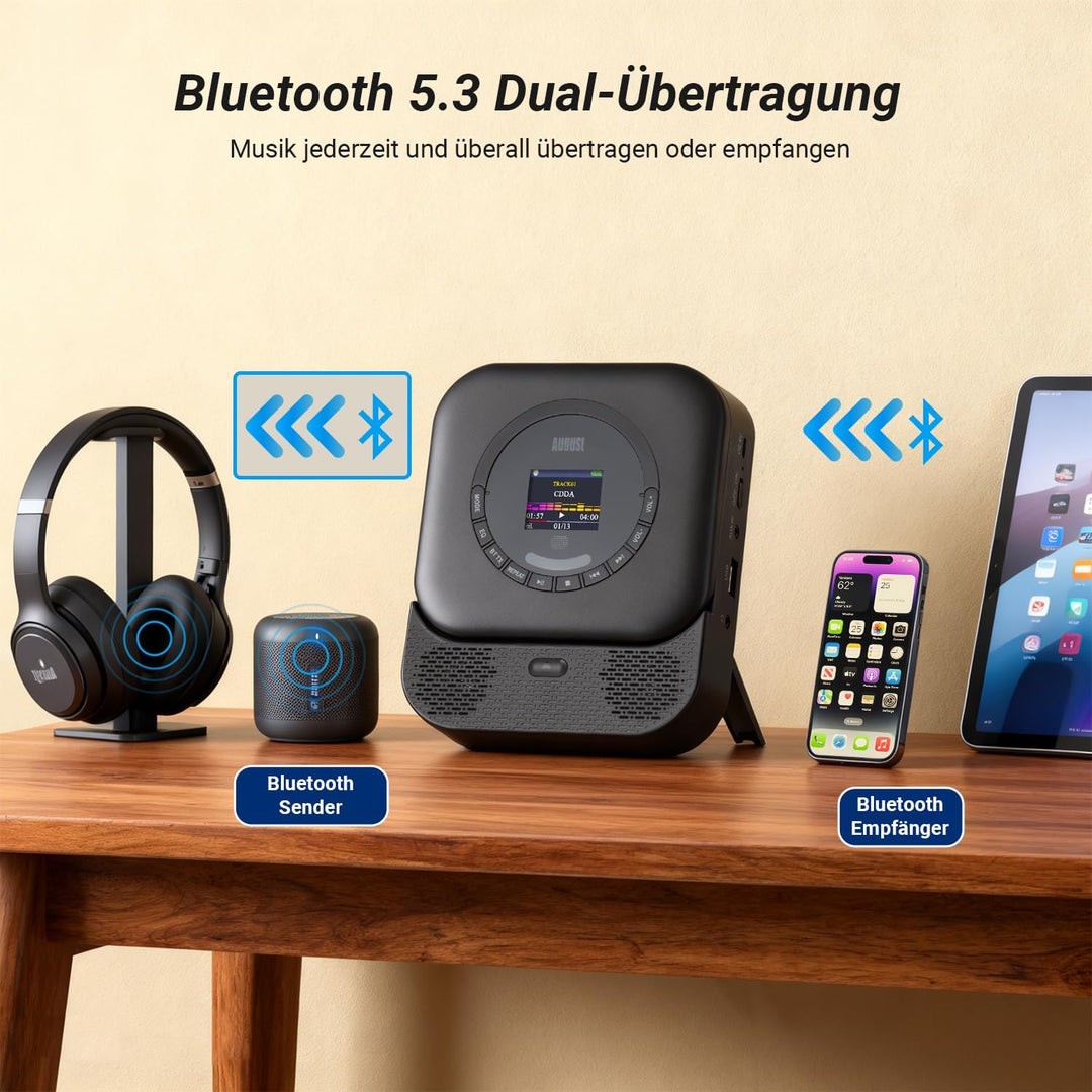 August SE15 Tragbarer Bluetooth 5.3 CD Player mit Lautsprecher 3,5mm Audio In/Out Wiederaufladbar CD