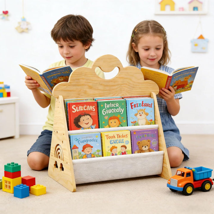 Montessori Kinder Bücherregal Holz, Offenes Frontbücherregal für Kinderzimmer & Leseecke, Tragbare B