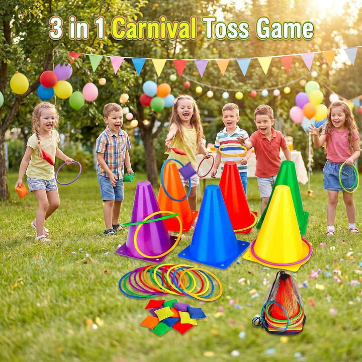 LAMEK Outdoor Spiele für Kinder Pylonen Cornhole Spiel Ringwurfspiele, Gartenspielzeug 3 in 1 Wurfsp