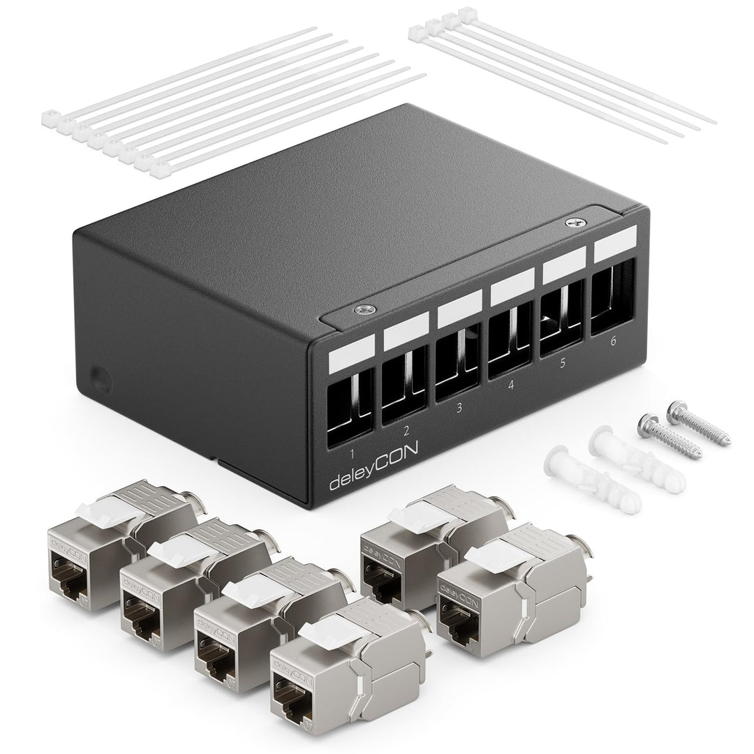 deleyCON 6 Port CAT7 Patchpanel Set 10 Gbit/s STP RJ45 - Schwarz | Mit 6x CAT.7 RJ45 Keystone Jack M