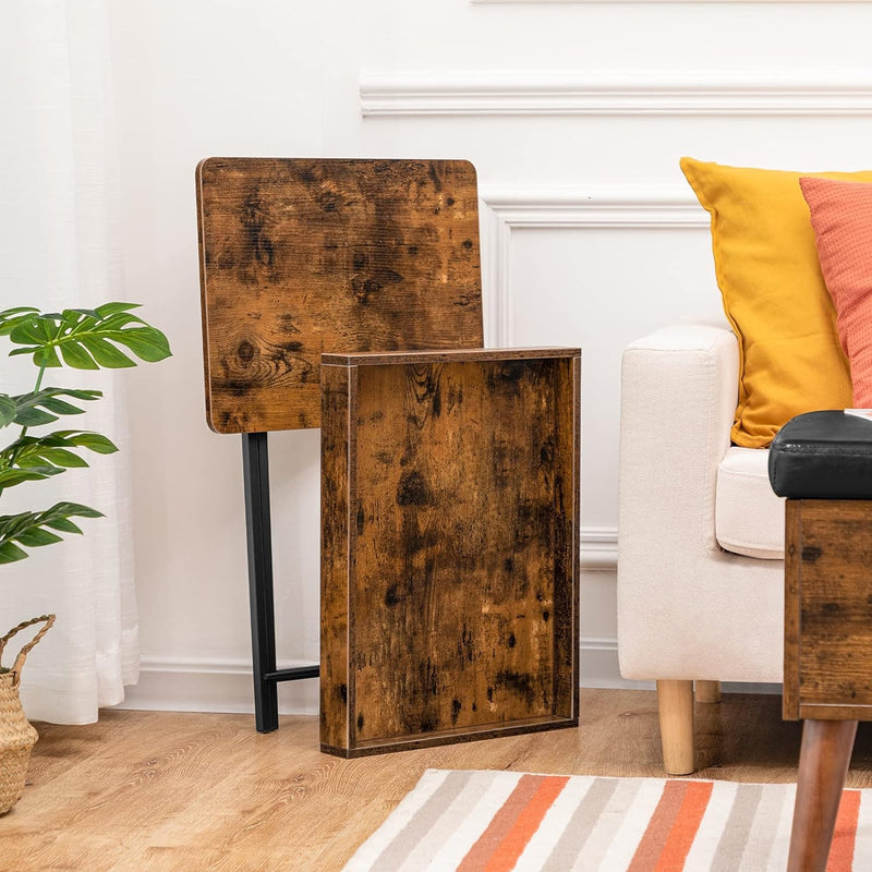 HOOBRO Beistelltisch mit Tablett, klappbarer Sofa-Beistelltisch mit abnehmbarem Holztablett, Vintage