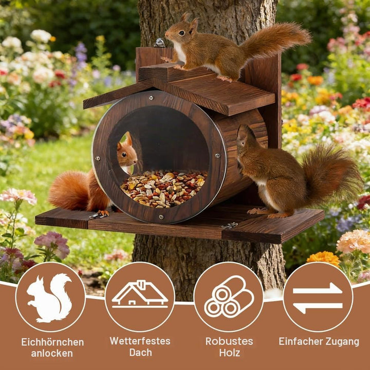 NAVESO Eichhörnchen Futterhaus, Eichhörnchen Haus Wetterfest,Eichhörnchenhaus aus Holz mit Runden Tr