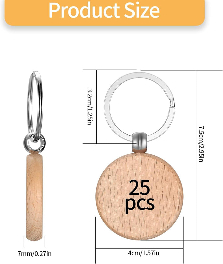 25 Stk Schlüsselanhänger Holz, Schlüsselanhänger Rohling, Personalisierte Runde Leer Schlüsselanhäng