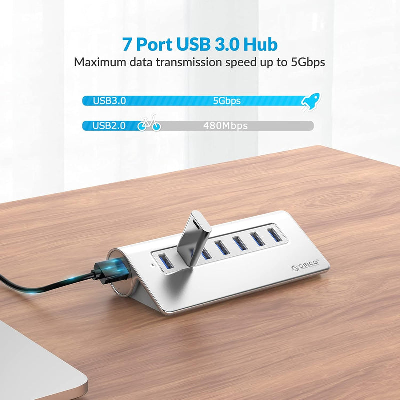 ORICO USB HUB Aluminium 7-Port 5Gbps Super Speed mit 12V2.5A Netzteil-1M USB3.0 Kabel kompatibel mit