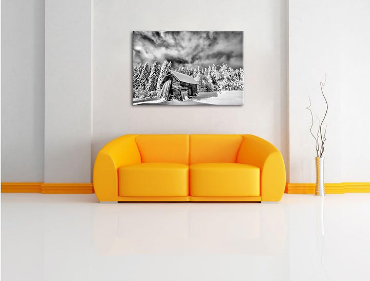 Pixxprint Holzhütte im Schnee / 100x70cm Leinwandbild bespannt auf Holzrahmen/Wandbild Kunstdruck De