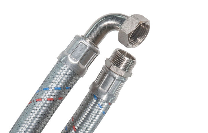 SFX® Panzerschlauch 100cm DN19-3/4 Zoll AG x 3/4 Zoll ÜM mit 90 Grad Bogen Sanitär Heizung Stahldrah