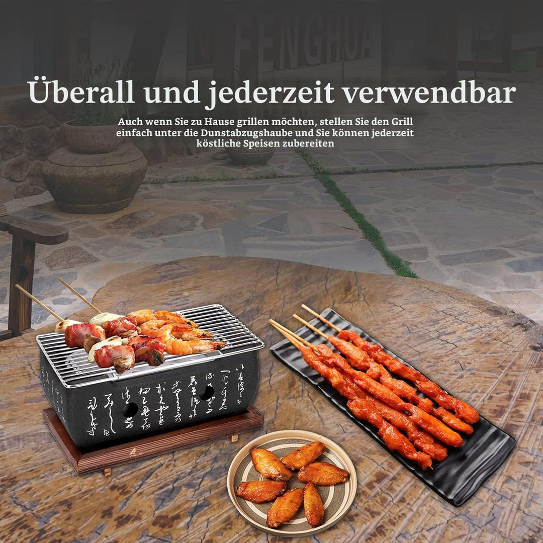 Japanischer BBQ Grill Mini Holzkohle Tischgrill mit Backblech Drahtgitter und Holzbasis, 24 x 12,5 x
