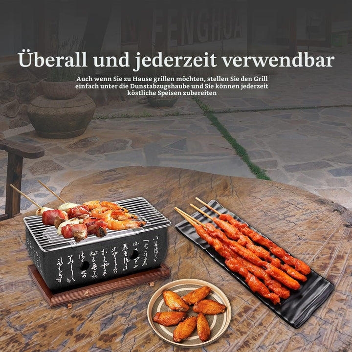 Japanischer BBQ Grill Mini Holzkohle Tischgrill mit Backblech Drahtgitter und Holzbasis, 24 x 12,5 x