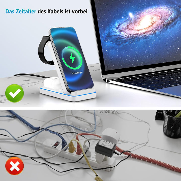 JOEAIS 3-in-1 Induktive Ladestation, Wireless Charger für Apple-Geräte mit Adapter, 15W Max Fast Mul