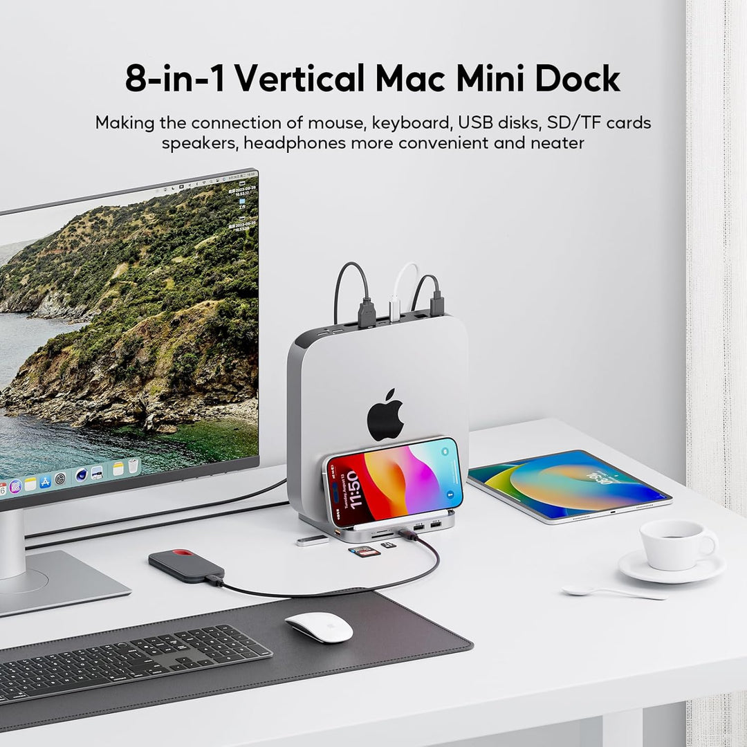 PULWTOP Mac mini Hub Ständer mit M.2 PCIe NVMe SSD-Gehäuse, 8-in-1 Vertikale Dock mit USB A/C 10 Gbi