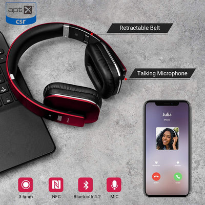 August EP650 - Bluetooth Kopfhörer v4.2 NFC mit aptX Low Latency - Stereo Over Ear Headphones mit Au