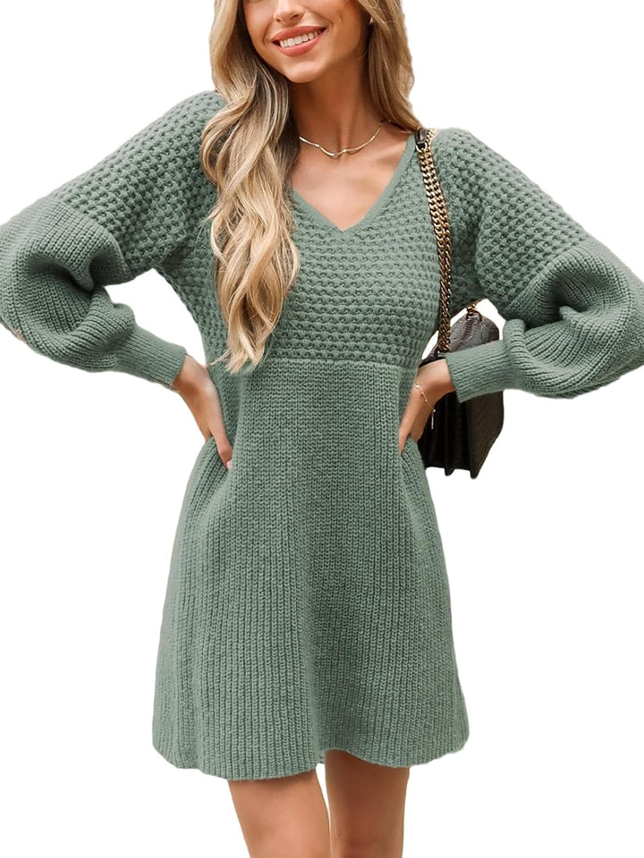 CUPSHE Damen Strickkleid Pulloverkleid V Ausschnitt Langarm Wabenmuster Feinstrick Pullikleid Knit S