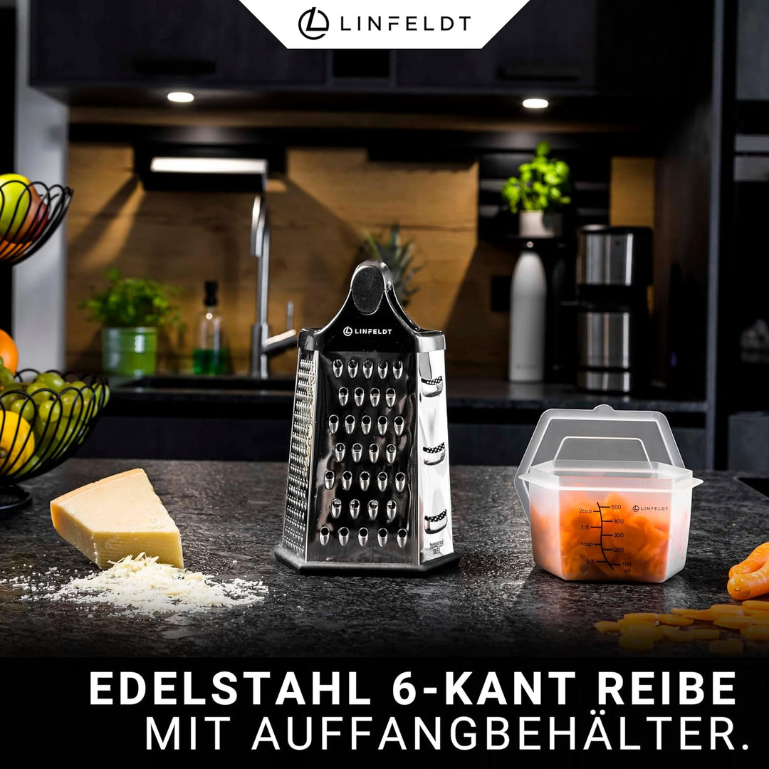 6-Kant Reibe Edelstahl Küchenreibe mit Behälter - Rostfrei Spülmaschinengeeignet 23x14cm Multi Reibe