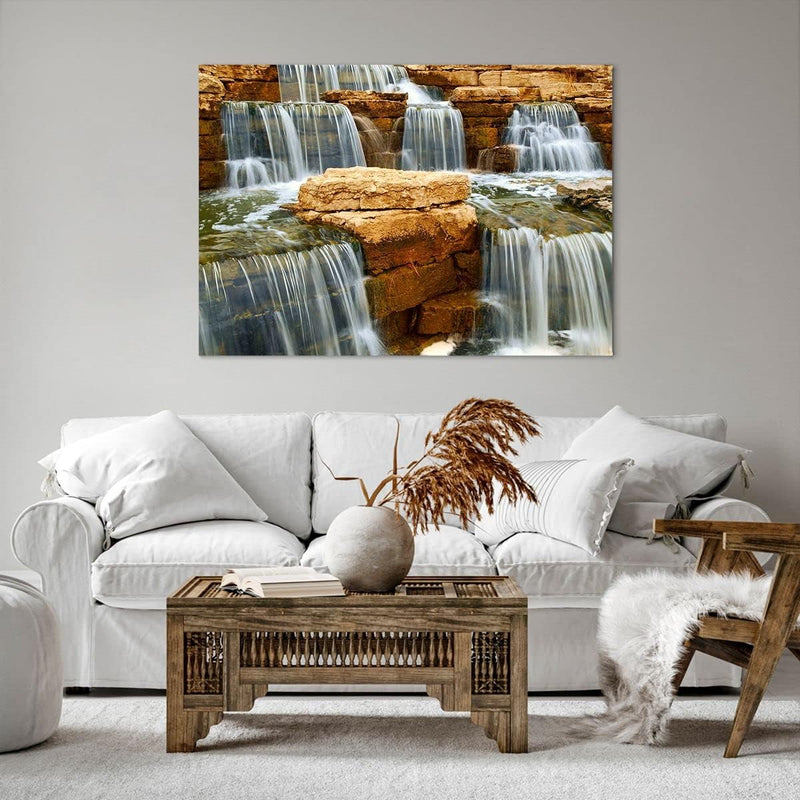 Bilder auf Leinwand 100x70cm Leinwandbild Wasserfall Steine Wasser Gross Wanddeko Bild Schlafzimmer