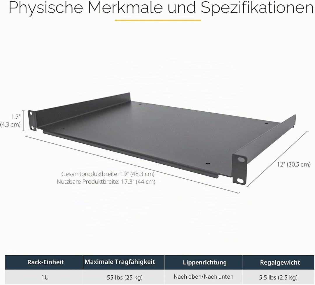 StarTech.com 1HE 19 Zoll Fachboden für netzwerk schrank - Freitragende Rack ablage für Serverschrank