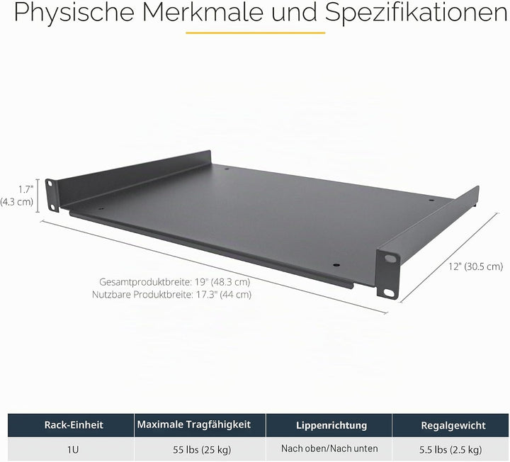 StarTech.com 1HE 19 Zoll Fachboden für netzwerk schrank - Freitragende Rack ablage für Serverschrank