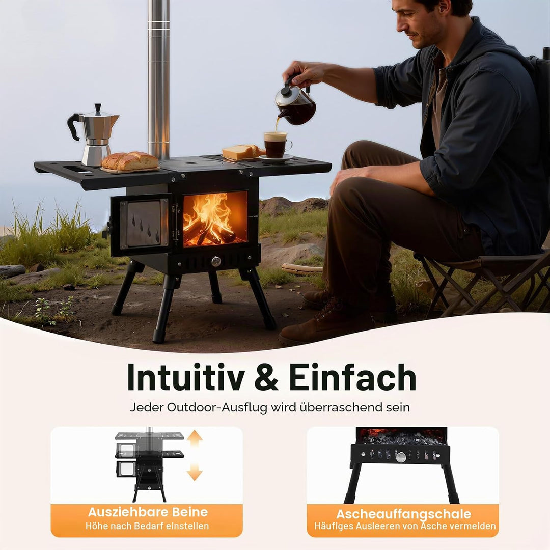 Klappbarer Holzofen Camping mit Schornstein, Höhenverstellbar 36-56cm Tragbarer Zeltkocher für Outdo