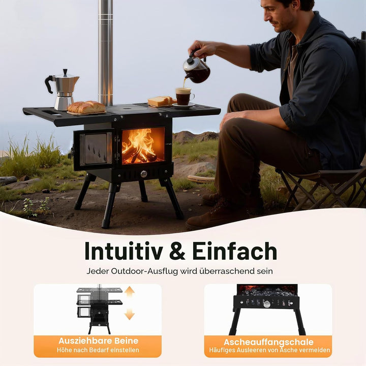 Klappbarer Holzofen Camping mit Schornstein, Höhenverstellbar 36-56cm Tragbarer Zeltkocher für Outdo