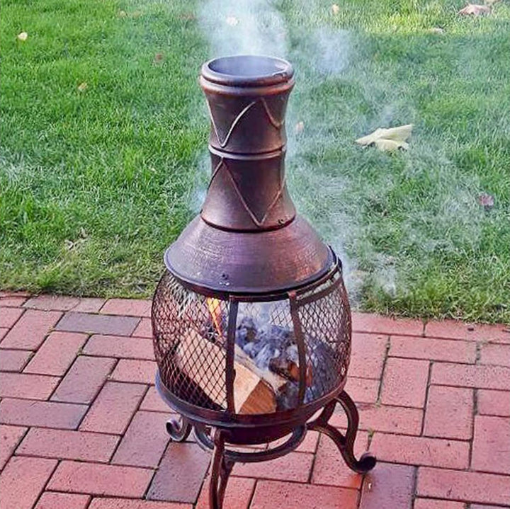 Terrassenofen mit Grillrost & Gittertür, Massive Qualität aus Gusseisen, Feuerkorb, Feuerstelle, Azt