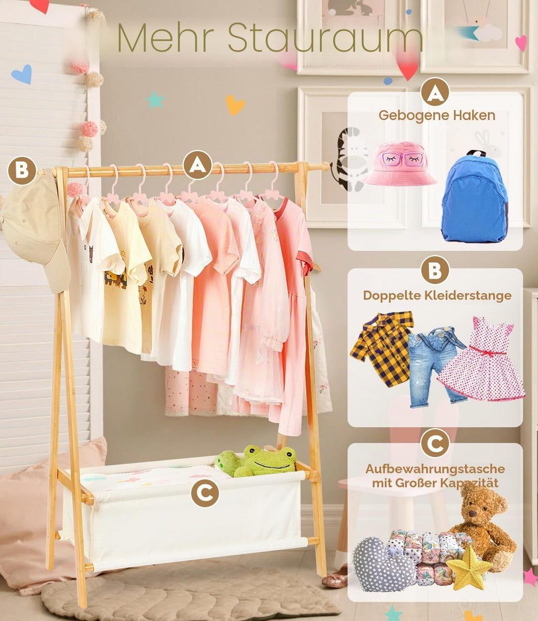 Bambus Kinder Kleiderständer mit Aufbewahrungstasche und Kleiderstange, Dress-up-Ständer, kleiner Ga
